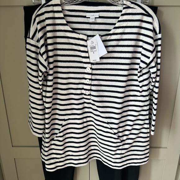 NWT J.Jill Navy/White Stripe Terry Pullover w Kangaroo Pocket SZ S - Super Cute! - Picture 1 of 9
